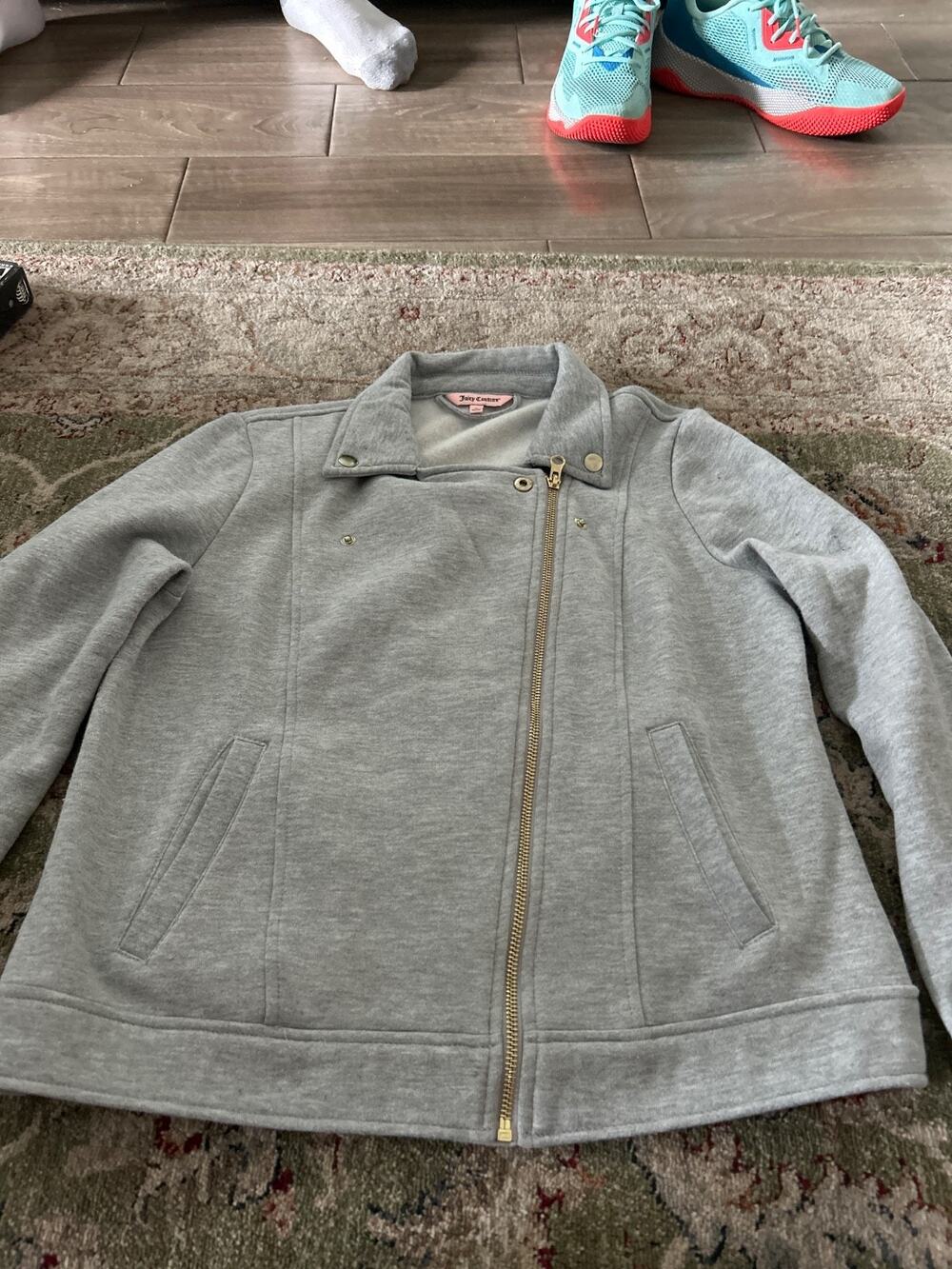 Juicy Couture Women's Grey Fleece Moto Jacket Gold Zip Coat Size Large